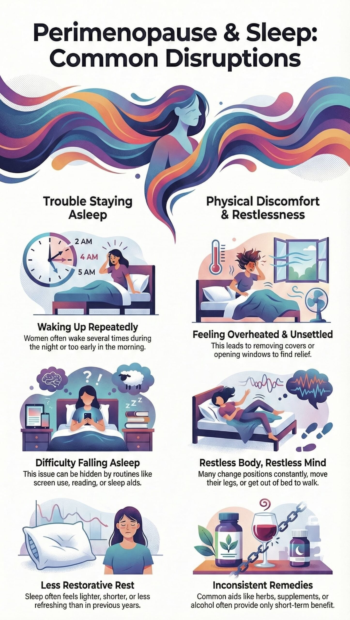 Infographic showing common sleep disruptions during perimenopause, including night waking, difficulty falling asleep, overheating, restlessness, and non-restorative sleep.
