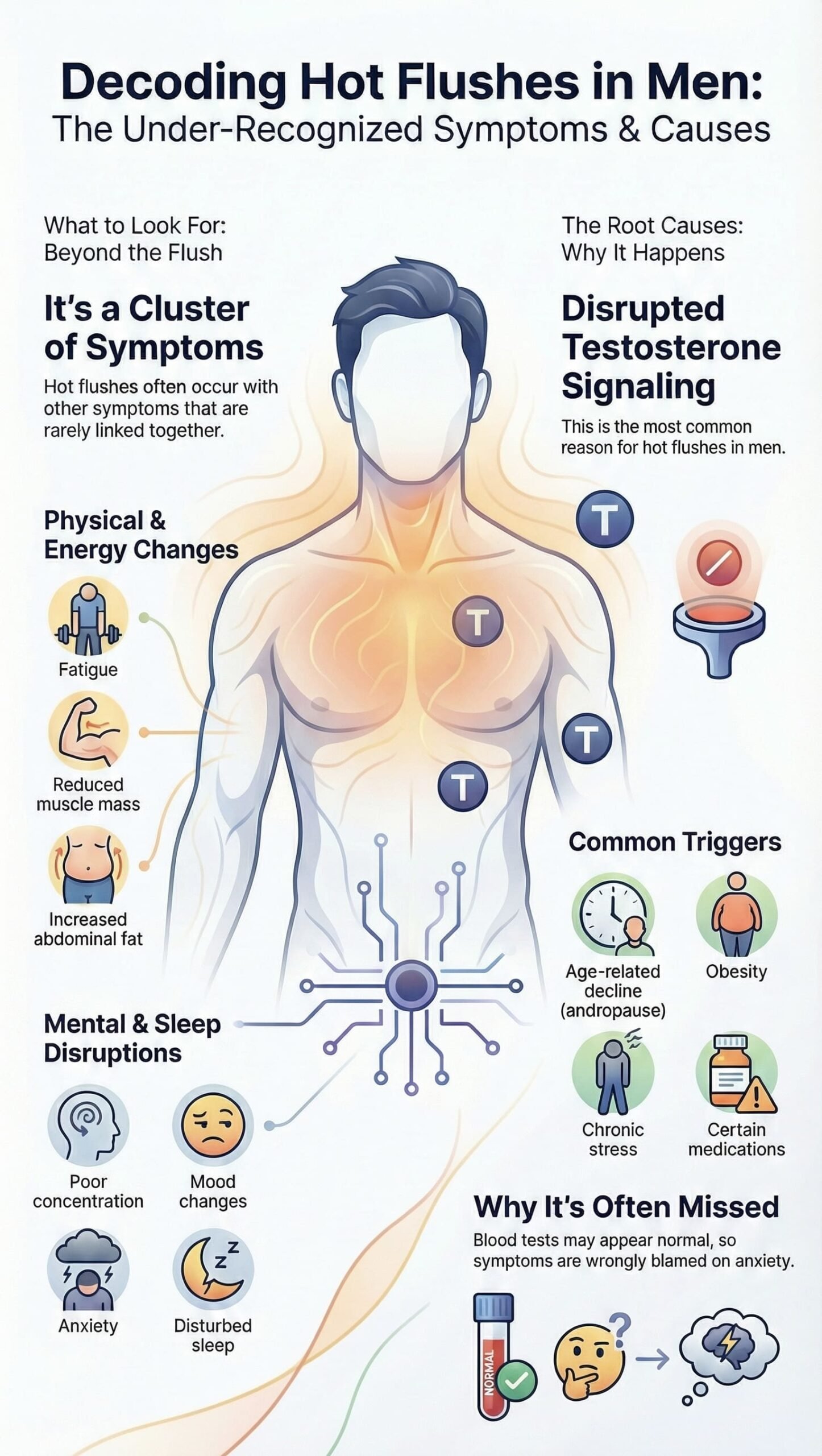Hot flushes in men linked to disrupted testosterone signalling, showing physical, metabolic, mood and sleep symptoms