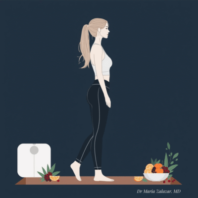 Menopause and weight loss programme showing a woman exercising with healthy food and a scale representing medical weight management during menopause