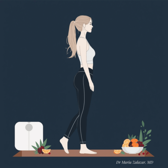 Menopause and weight loss programme showing a woman exercising with healthy food and a scale representing medical weight management during menopause