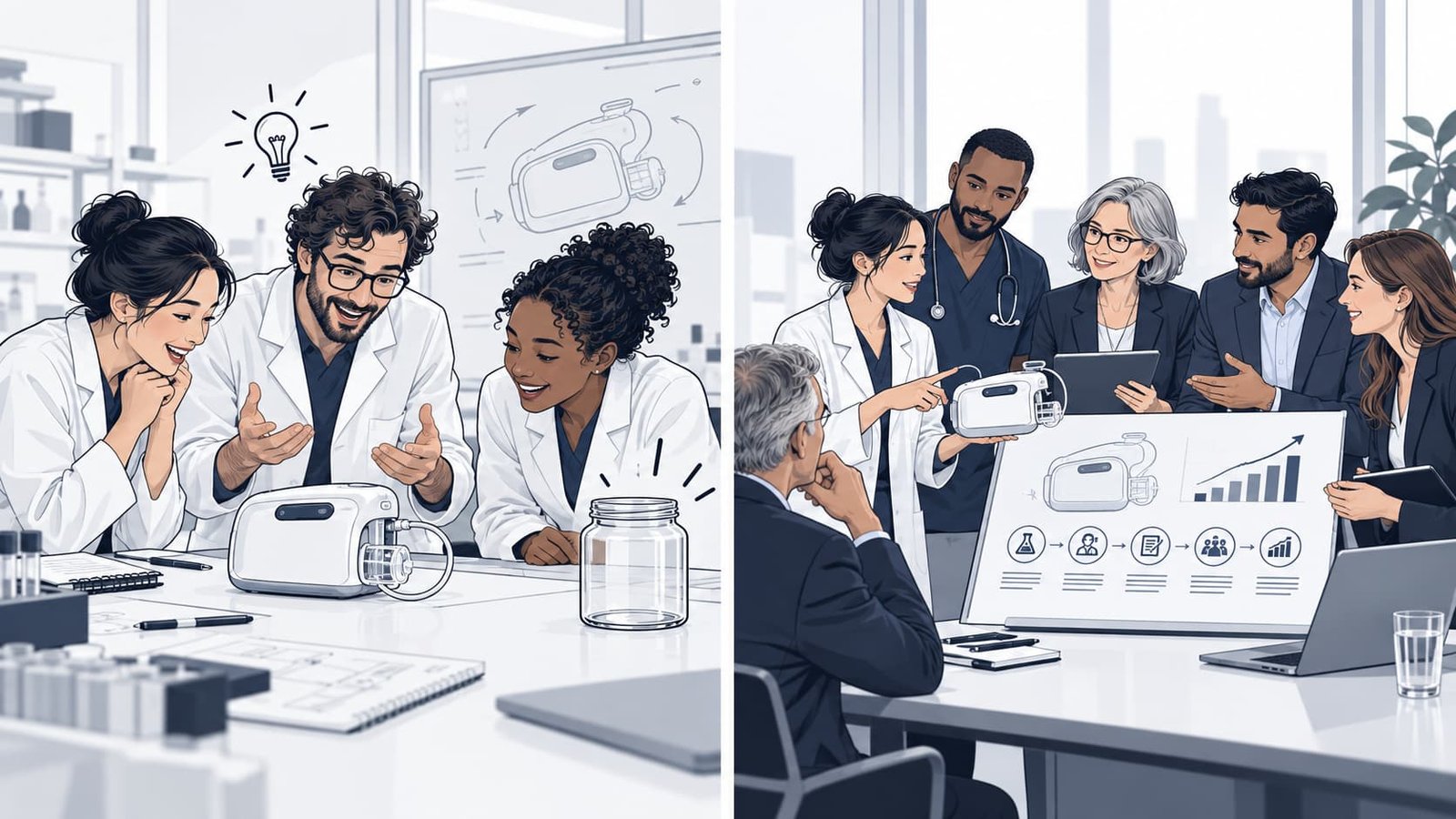 Healthcare investor listens as a multidisciplinary founder team presents a medical device.